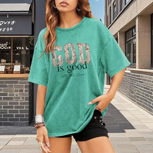 Image of Christian God is Good Shirts for Women Jesus Faith Religious T Shirts Floral Graphic Oversized Acid Washed Tee Tops