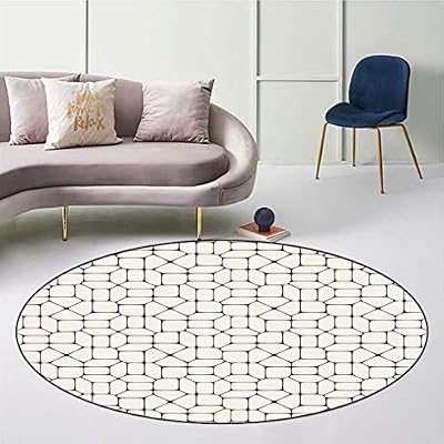 Geometric Skid-Resistant Round Floor Mat, Black and White Mosaic Pavement Tile Bricks Modern Conceptual Tracery Design Safe for All Surfaces Home Playroom, Diameter 43" Beige Black