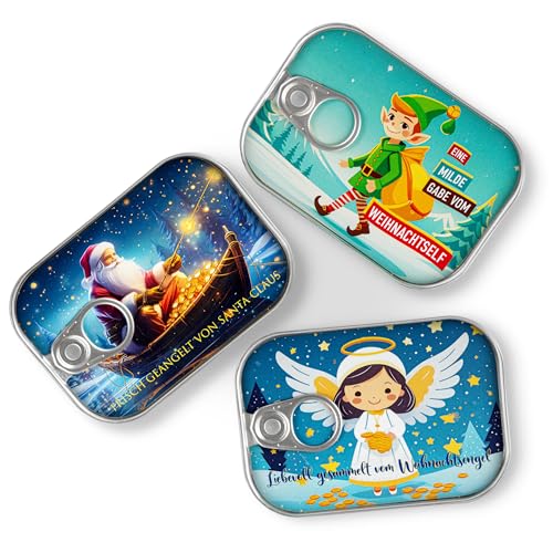 3er MIX Geldgeschenk Verpackung Weihnachten Sardinendose Geld Geschenkverpackung oder Geldgutschein Nikolaus, X-Mas, Wichteln | inkl Aufkleber für individuelle Botschaft | made by Schöne Güter