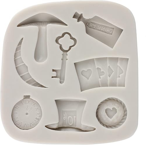 Miniatura 6 de Sijiangmold Moldes de silicona de póquer, molde para sombrero de Alicia de las maravillas para fondant, molde vintage para reloj, naipes para