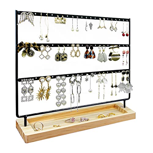 GLAUBIO Earring Holder,Earrings Organizer Jewelry Holder Display Wood Stand,Jewelry Organizer Holder for Earrings Necklaces Bracelets Watches and Rings,Earring Display Stand with 69 Holes,Black