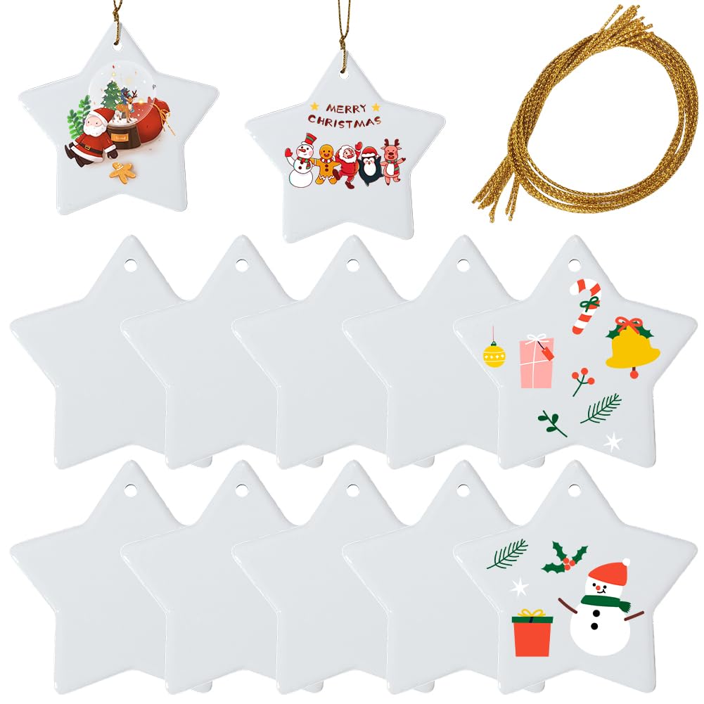SOFPLATE 12Pcs Ceramic Star Ornaments Blank Sublimation Ornaments with Jute Cords White Porcelain Heat Transfer Personalized Hanging Pendants Tag Signs for Christmas Tree Wedding DIY Craft Decoration