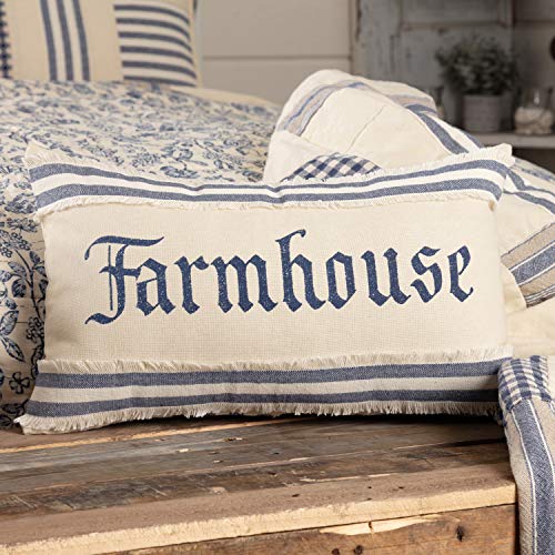 Piper Classics Doylestown Blue Farmhouse Throw Pillow Cover w/Grain Sack Stripe Appliqued Border, 12" x 20", Blue & Cream, Vintage Farmhouse Rustic Home Décor Accent