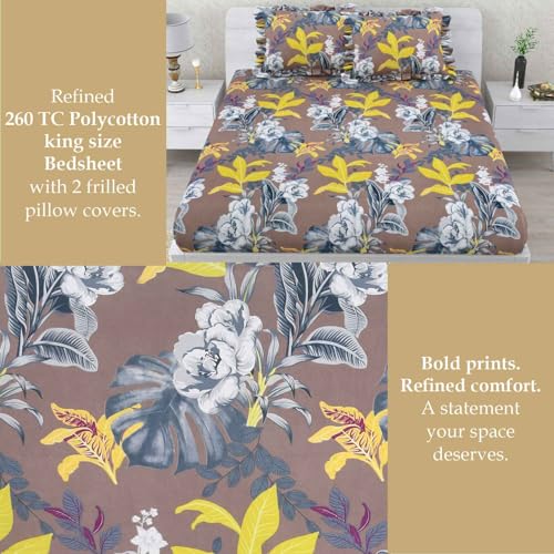 Image of Dream Weaverz- Polycotton Printed Double Bed Size Fitted Elastic Bedsheet,2 Pillow Cover,260 Thread (72 inch x 78 inchx7 inch) Home, Bedroom (Brown-Yellow, King)