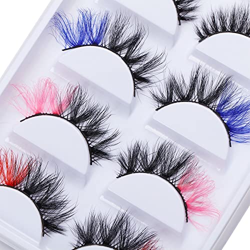 Gootrades 5 Pairs Colored False Eyelashes Pack, 3D Fluffy Faux Mink Color Eye Lashes Strip Wipsy Multicolored Two-Toned Fake Lashes For Daily Christmas Cosplay, Red/Pink/Blue/Green/Purple Lashes On The End #TOP6