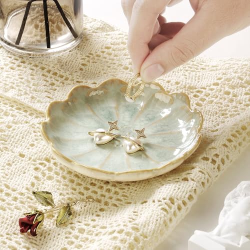 Image of Lotus Ring Holder Dish Small Indoor Ash Tray, Ceramic Dessert Plate Trinket Jewelry Holder Organizing Necklace Earrings for Parents Friends Sister, Light Green. All Jewelries Are NOT Included.