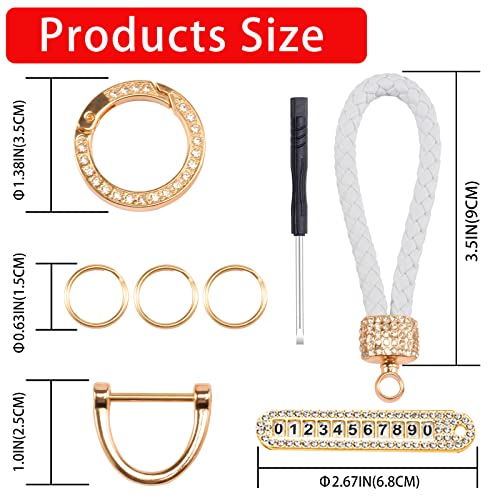 Worcas Car Keychain With Bling Rhinestones,Eather Woven Keychain With Anti Loss Telephone Number Plate,360 Degree Rotatable Universal Key Fob Keychain For All Cars(White-Gold) #TOP1