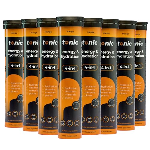 Tonic Health Energy and Hydration Tablets - 15 Vitamins, Minerals, Plants with Panax Ginseng, No Sugar Effervescent Multivitamins - Rehydration Electrolytes Tablets, Mango 160 Count
