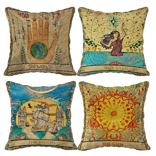 (RB) Tarot the Star Flannel Throw Pillow Case, 18 x 18 Inch Set of 4, Daughter Sister Astrology Tarot Lovers Gifts, Mom, Wife Gifts, Tarot Art Decor Cushion Cover for Sofa Bed Girl Room College Dorm