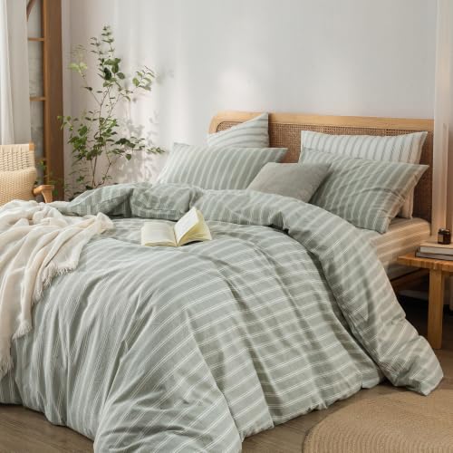 Image of BESTOUCH Striped Cotton Duvet Cover Set Linen Feel Twin | 100% Washed Cotton, Soft Wrinkle Texture, Hidden Zipper, 8 Ties, Breathable Lightweight Durable Comfy, 2 Pcs No Insert
