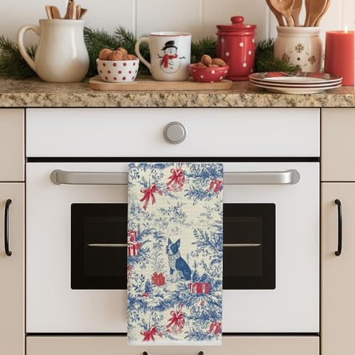 Image of Christmas Blue red Boston Terrier Kitchen Towels, Vintage Dog Lover Gifts Dish Tea Towels for Kitchen, French Chinoiserie Holiday Decorative Hand Towel for Bathroom, 16x24 Inch