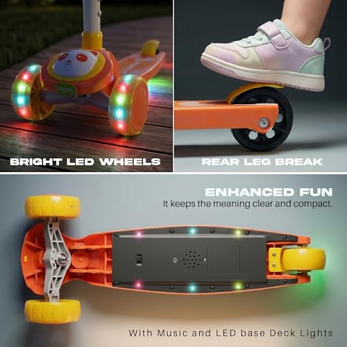 Image of Baybee Bambo Skate Scooter for Kids | 3 Wheel Kick Scooter with LED Wheels & Deck Lights with Music | 3 Height Adjustable Handle & Brake | Foldable Scooter for Kids 3 to 8 Years Boys & Girls (Orange)