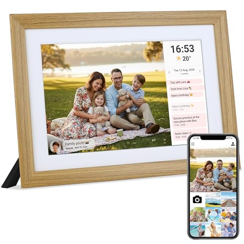 Veidoo Marco de Foto Digital WiFi, Pantalla Táctil de 10 Pulgadas, 32 GB Memoria, Rotación Automática, Música/Video/Calendario/Reloj, Fotos y Videos a través Frameo, Regalo para la Familia(Burlywood)
