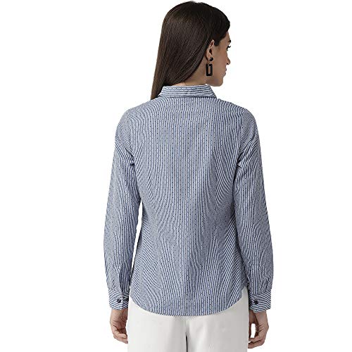 Image of XPOSE Women Navy Blue White Regular Fit Striped Casual Shirt