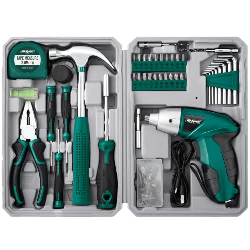 Image of Hi-Spec 4V USB Electric Screwdriver Tool Kit for Home Repairs, Green | 42pc, fast assembly help, common screw bit selection, LED visibility, compact grip, quick household fixes, organized storage