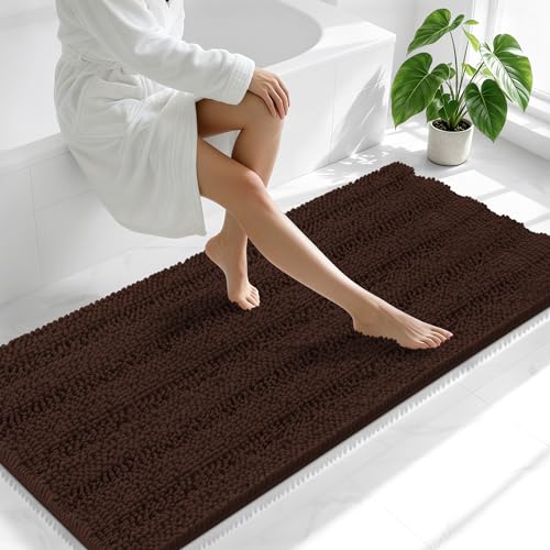 Image of Smiry Thick Chenille Bathroom Runner Rugs 59x24, Absorbent Striped Bath Mat, Machine Washable, Rubber Backing, Extra Long Bath Rugs for Tub & Shower, Modern Home Decor Accessories, Brown