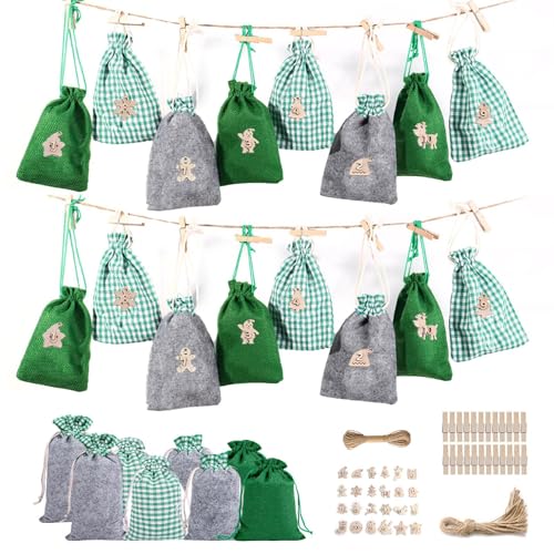 Sac de l'Avent de Noël - Compte à rebours de 24 jours à faire soi-même - Décorations de calendrier de l'Avent S - Sac cadeau réutilisable en toile de jute avec corde - Décorations de Noël