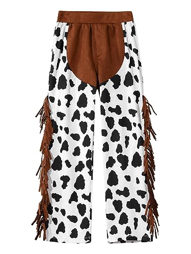 Halloween Cowboy Trousers for Kids Cow Print Patchwork Tassels Pants Western Chaps Dress Up3