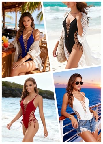 Image of Tempt Me Women Sexy Lace Up One Piece Swimsuit Deep Plunge V Neck High Cut Bathing Suits