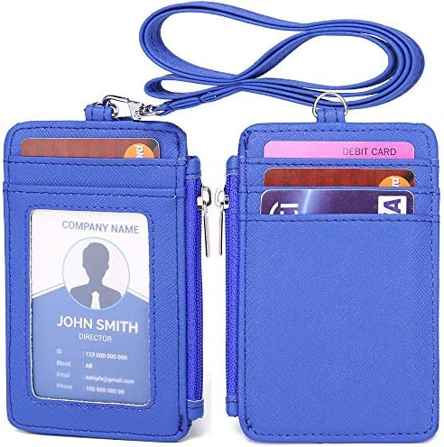 Leamekor ID Badge Holder with Neck Lanyard PU Leather ID Badge Wallet Case with 1 ID Window, 4 Card Slots, 1 Side Zipper Pocket