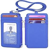 Yeeasy ID Badge Holder with Neck Lanyard PU Leather ID Badge Wallet Case with 1 ID Window, 4 Card Slots, 1 Side Zipper Pocket (Blue)