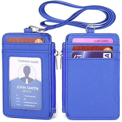 Leamekor Id Badge Holder With Neck Lanyard Pu Leather Id Badge Wallet Case With 1 Id Window, 4 Card Slots, 1 Side Zipper Pocket #TOP1