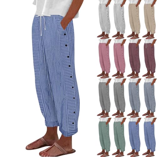 Striped Linen Pants Women Casual high Waisted Wide Leg Cropped Pants with Pockets Lightweight Summer Palazzo Pant