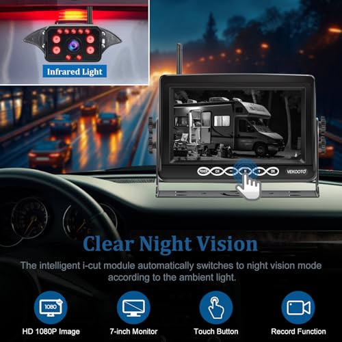 Vekooto Rv Backup Camera Wireless Bsd System: Pre-Wired For Furrion System Recording Wide View Rear View Camera Clear Night Vision Hd 1080P 7'' Touch Key Monitor For Trailer Camper Truck Vekooto Wf8 thumb #6