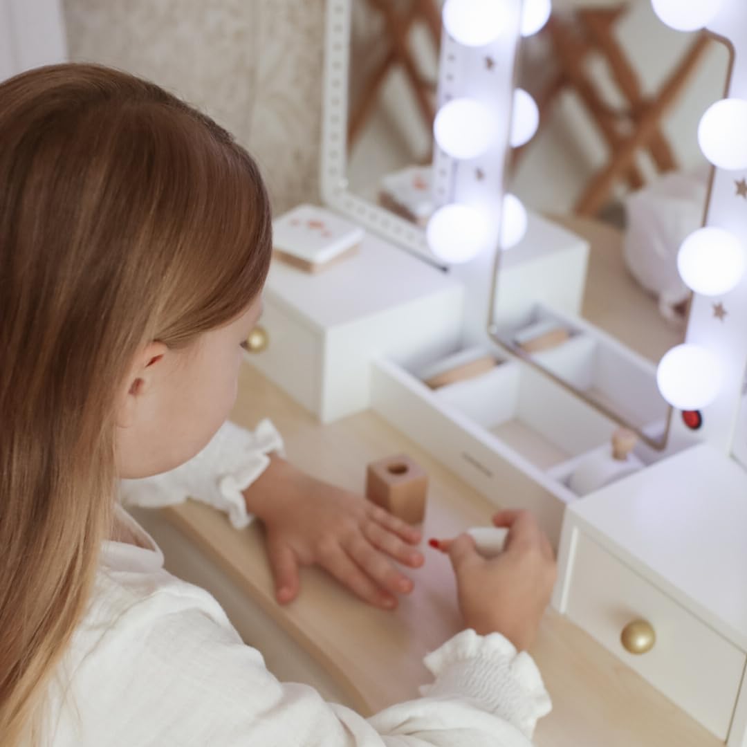 mamabrum Tavolo da Toeletta per Bambini XXL in Legno con Sgabello & Specchio LED – Coiffeuse con Cassetto e Accessori – Scrivania 2-in-1 per Bambine dai 3 Anni
