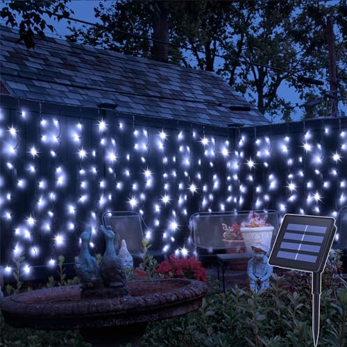 CCILAND Cortina de luces solares para exteriores, 4 m x 1 m, 200 luces LED, alambre verde, cascada, luces de hadas para dormitorio, jardín, patio, cenador, decoración - blanco frío