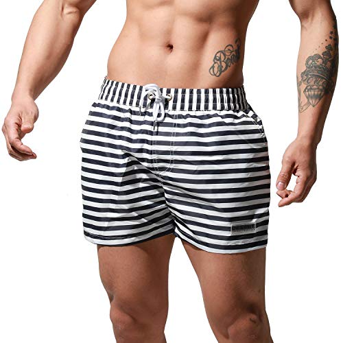 Men's Striped Board Shorts Beachwear Quick-Dry Nylon Loose Swimming Trunks4