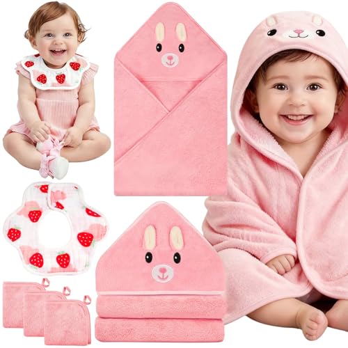 Image of Sublaga 5 Pcs Baby Towels Set, 32x32 in Hooded Bath Towel, 3 Pcs Baby Washcloths and Muslin Baby Bibs for Newborns, Toddlers, and Kids, Baby Towels and Washcloths Set for Boys and Girls (Pink Rabbit)