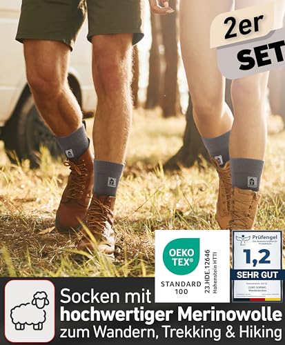 CORE GORIMO – 2 Paar – Merino Wandersocken Damen & Herren - mit Anti-Blasen Schutz - Wandersocken Herren & Damen zum Wandern, Hiking und Trekking (39-42, Grau)
