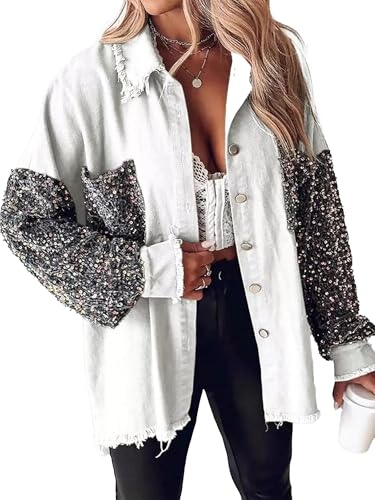 Women's Oversized Jacket Sequin Patchwork Long Sleeve Jacket Top Boyfriend Button Front Shirts Denim Jacket