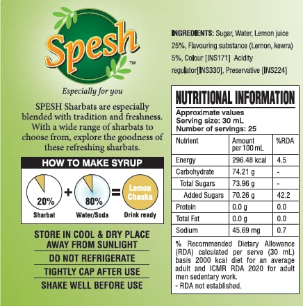 Image of SPESH Lemon Chaska Syrup 700 ML | Premium Instant Refreshing Drink | Ready to Mix With Water, Milk, Ice Creams, Faloodas, Mock Tails, Desserts & Sweets