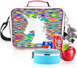 JYPS Insulated Lunch Bag Kids, Glitter Sequin Lunch Bag Kids Girls with Bottle Holder/Shoulder Strap/Compartment, Unicorn Lunch Box Girls, Kids Packed Lunch Bag for School/Picnic, Easy to Clean