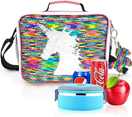JYPS Insulated Lunch Bag Kids, Glitter Sequin Lunch Bag Kids Girls with Bottle Holder/Shoulder Strap/Compartment, Unicorn Lunch Box Girls, Kids Packed Lunch Bag for School/Picnic, Easy to Clean