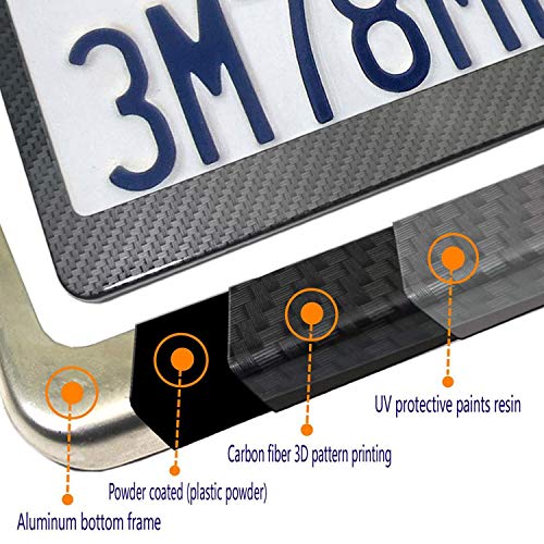 Youoy Carbon Fiber License Plate Frame- Black Aluminum Auto Car Tag Cover, 2 Pack Heavy Duty Holder For Us Front Rear Plate, With Mounting Hardware Kit- Screw Bolt Caps, Rattle Proof Pads #TOP2