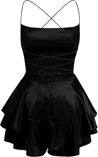 OBEEII Women Satin Dress Sexy Spaghetti Strap Summer Mini Dress Backless Short Romper A-Line Layered Homecoming Dress