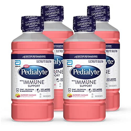 Pedialyte with Immune Support, Raspberry Lemonade, 4 Count, Electrolyte Hydration Drink, with Zinc, Selenium, and Magnesium, 1 Liter