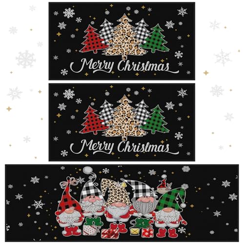 Tinideya 3 Pcs Christmas Kitchen Rug Set Christmas Non Slip Thick Kitchen Rug and Mat Stain Resistant Rustic Xmas Decorations Area Rug for Home Bathroom Kitchen Outdoor (Dark Color,Cute Style)
