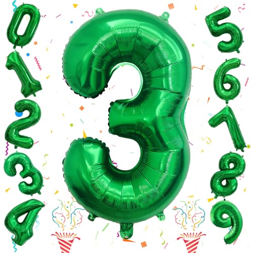 Image of 3rd Birthday Number Balloons for Kids, 40 Inch Emerald Green Foil Number, Dark Green Large Number Balloons 0-9 Set for Boys Men Birthday Party Decor Jungle Anniversary Decoration Supplies