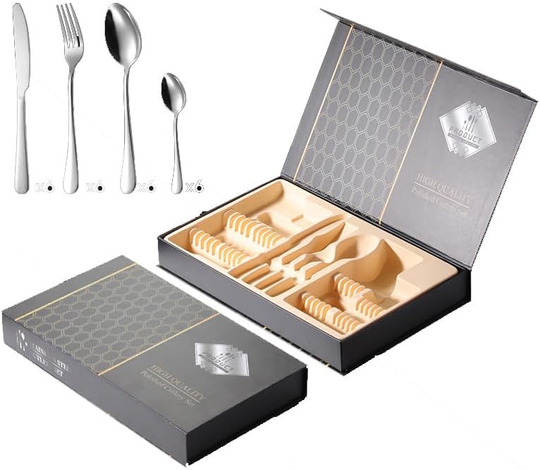 Flatware Silverware Set, 24-piece Stainless Steel Gift Box Set Of Cutlery, Forks And Spoons For Camping, Tableware Cutlery Set(Black)