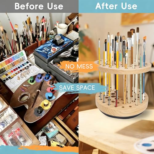 Image of Rotating Paint Brush Holder, 360 Smooth Rot Hardwood Artist Organizer