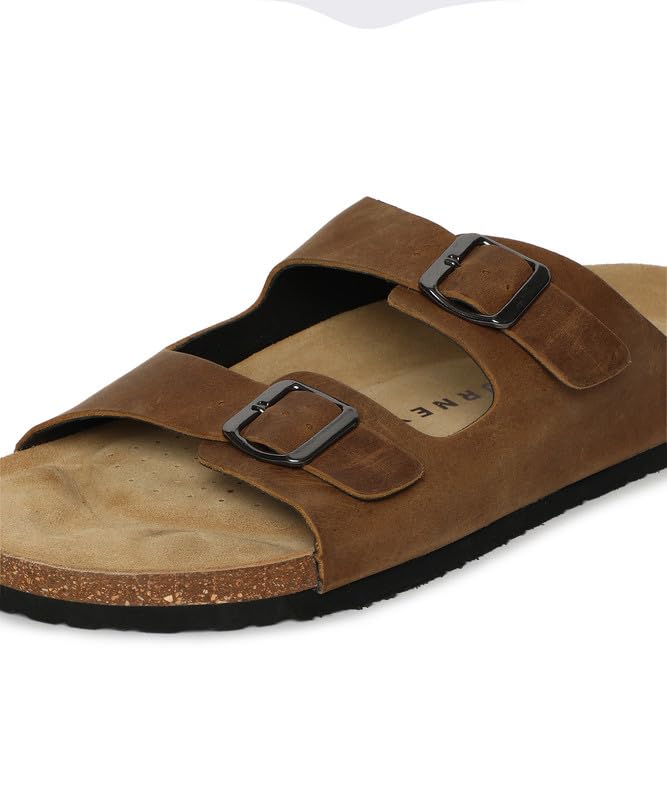 Image of HF JOURNEY Men's Vasco Double Strap Cork Footbed Sandals - Adjustable Buckle Slip-On Comfort Slides (Size 41-46)