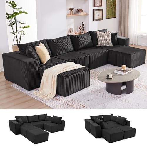 Weture 135.4' Cloud Couch Sectional, Modular Sectional Sofa with Deep Seat, Plush Corduroy U Shaped Boneless Couch, Convertible Sectional Couches for Living Room, 6Seat, Black