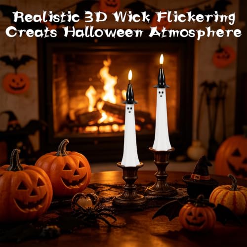 Image of Halloween Witch Flameless Taper Candles Battery Operated with Remote Timer, 400 Hours Long Lasting Real Wax 3D Wick Flickering LED Candlesticks Halloween Decor(2 Pack, 0.75 inch D x 10 inch H)