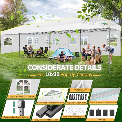Image of COBIZI 10x30 Pop Up Canopy Tent with Sidewalls 10x30 Party Canopy, Outdoor Wedding Event Tent for Parties UPF 50+ Waterproof Gazebo with Air Vent, Wheeled Bag, Sandbag, Stake, Rope,(White