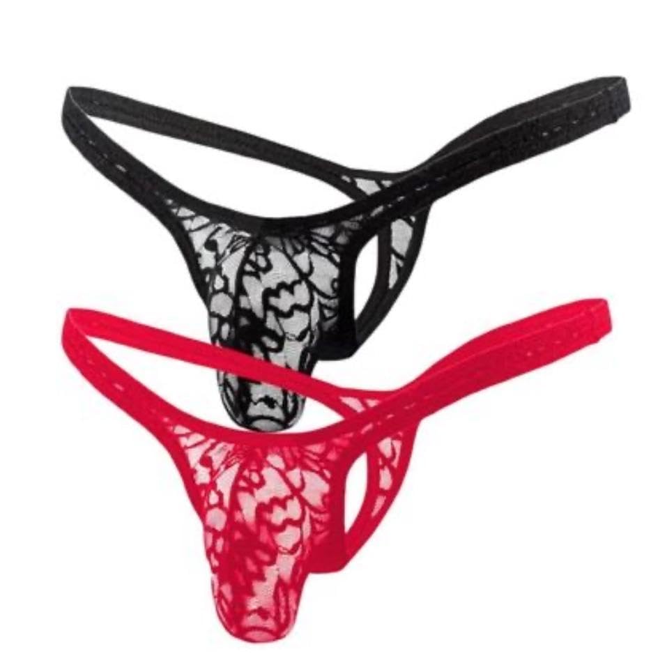 Men's Lace Floral Thong Underwear (2-Pack, Black & Red)-image-14