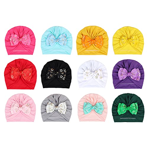 12Pcs Cute Baby Hats Newborn Baby Turban Girl Bow Beanie Hats Soft Head Wraps for Infant Toddlers Hair Accessories, Type 12